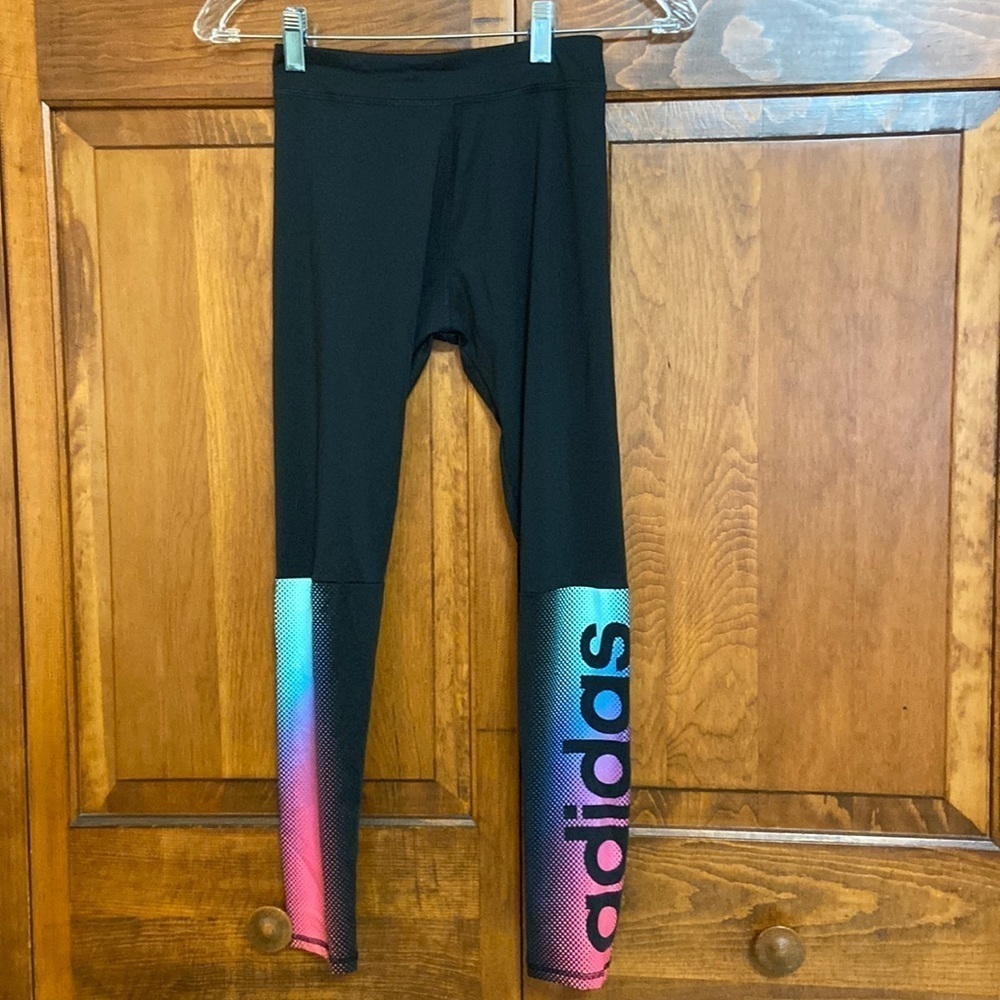 Adidas Linear Fade Leggings Climalite Screened Logo Bottom Right Girls M (10-12) - Picture 2 of 6